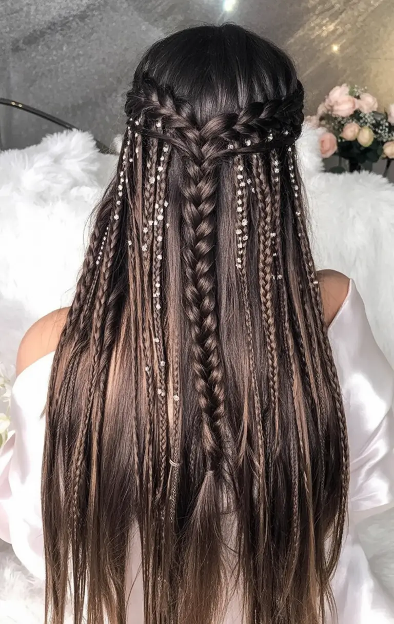 summer hairstyles for long hair 2025 Boho Braided Layers with Crystal Accents