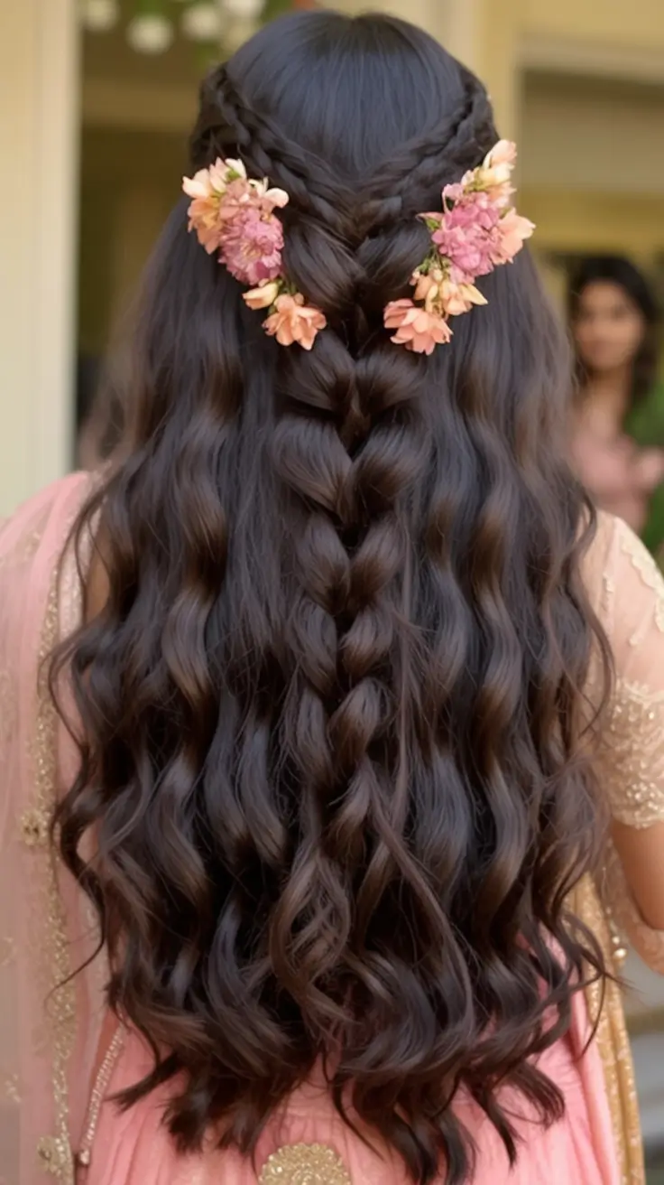 summer hairstyles for long hair 2025 Romantic Curls and Floral Braided Crown