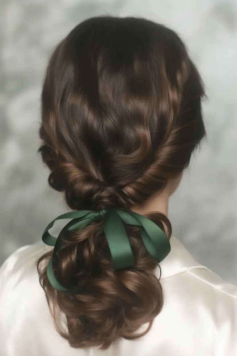 summer hairstyles for long hair 2025 Twisted Low Bun with Jewel-Toned Ribbon