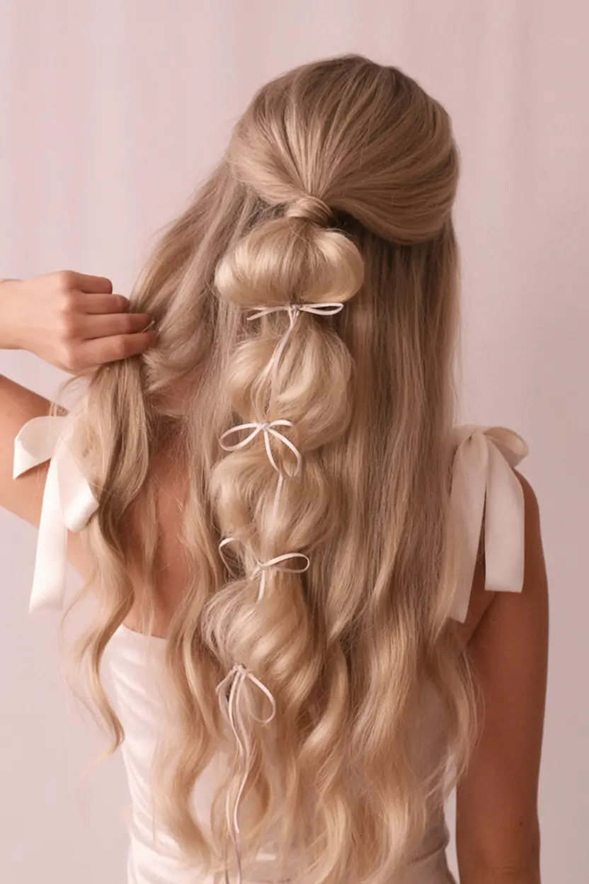 summer hairstyles for long hair 2025 Statement Bubble Twist with Satin Ties