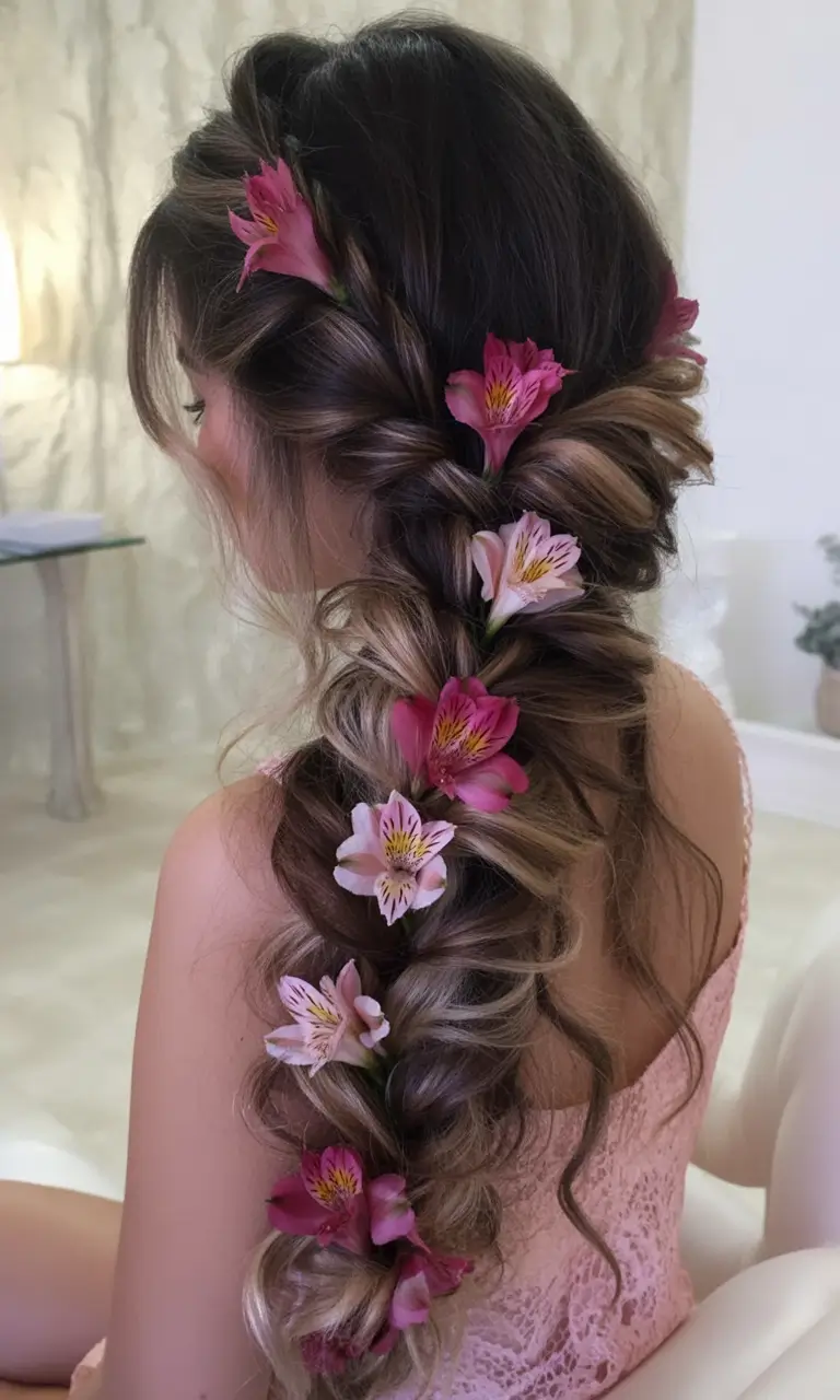 summer hairstyles for long hair 2025 Floral Cascade Braid