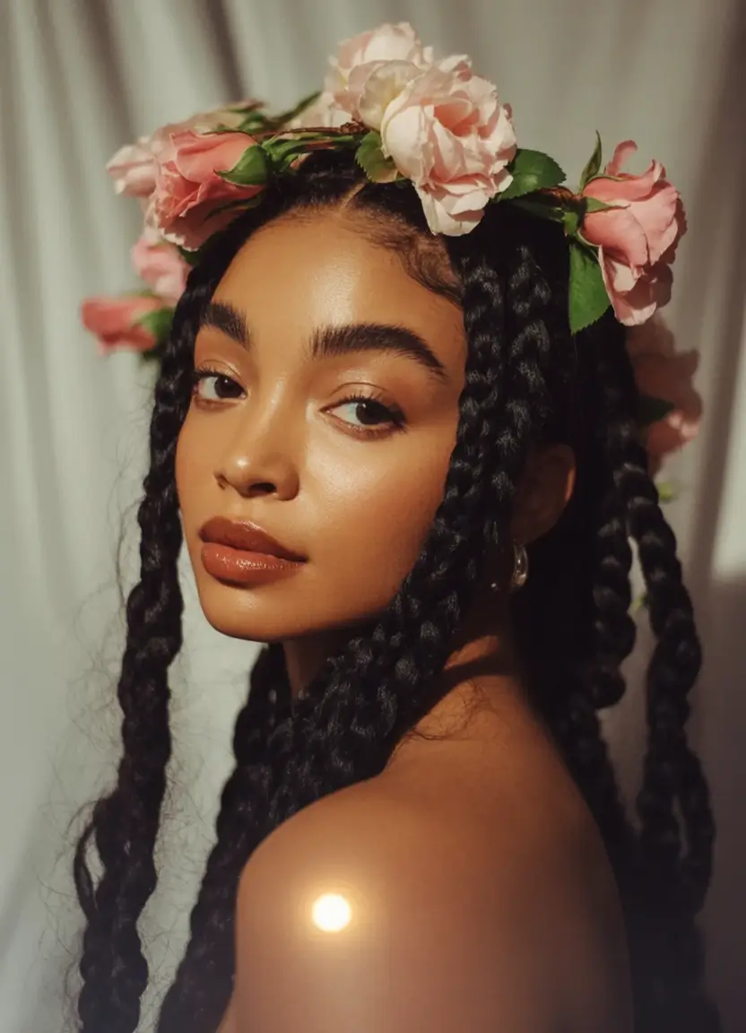 summer hairstyles for medium hair 2025+Floral Crown Box Braids for a Romantic Summer Statement