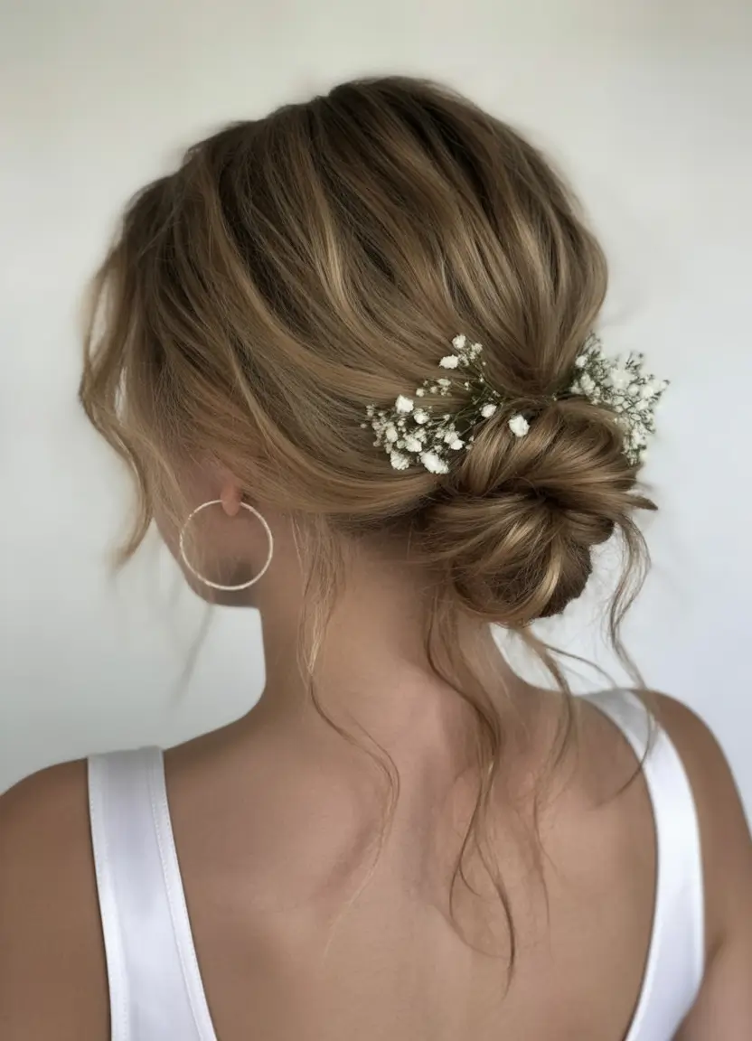 summer hairstyles for medium hair 2025+Low Twisted Bun with Baby’s Breath for Garden-Goddess Vibes