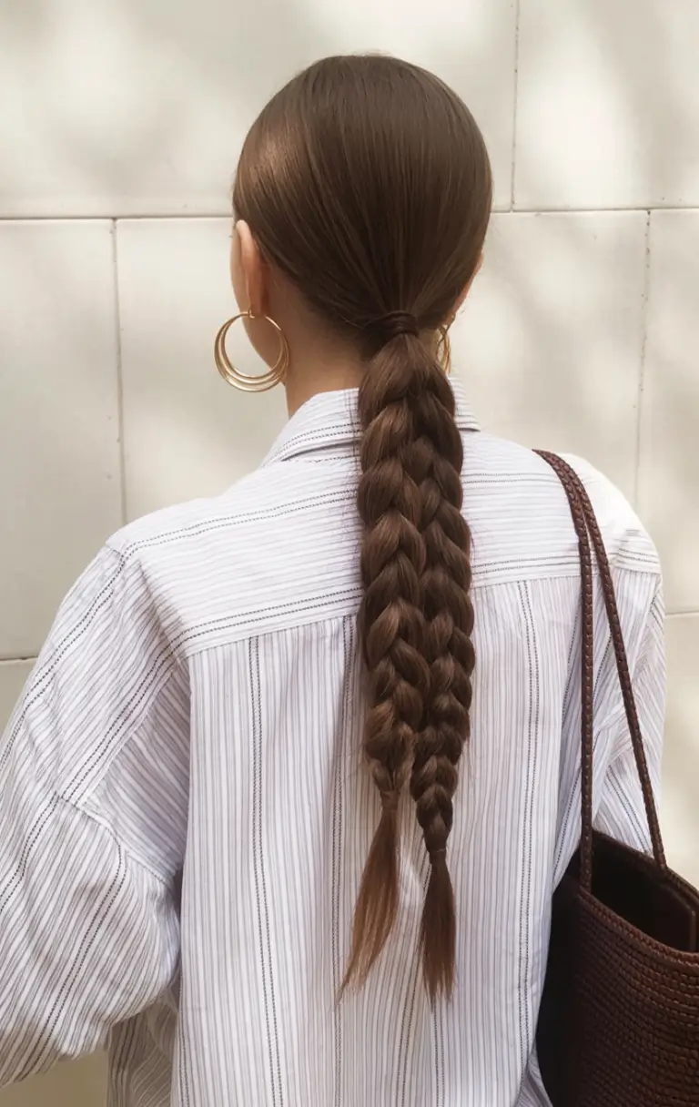 summer hairstyles for medium hair 2025+Streamlined Braided Ponytail with Golden Hoops