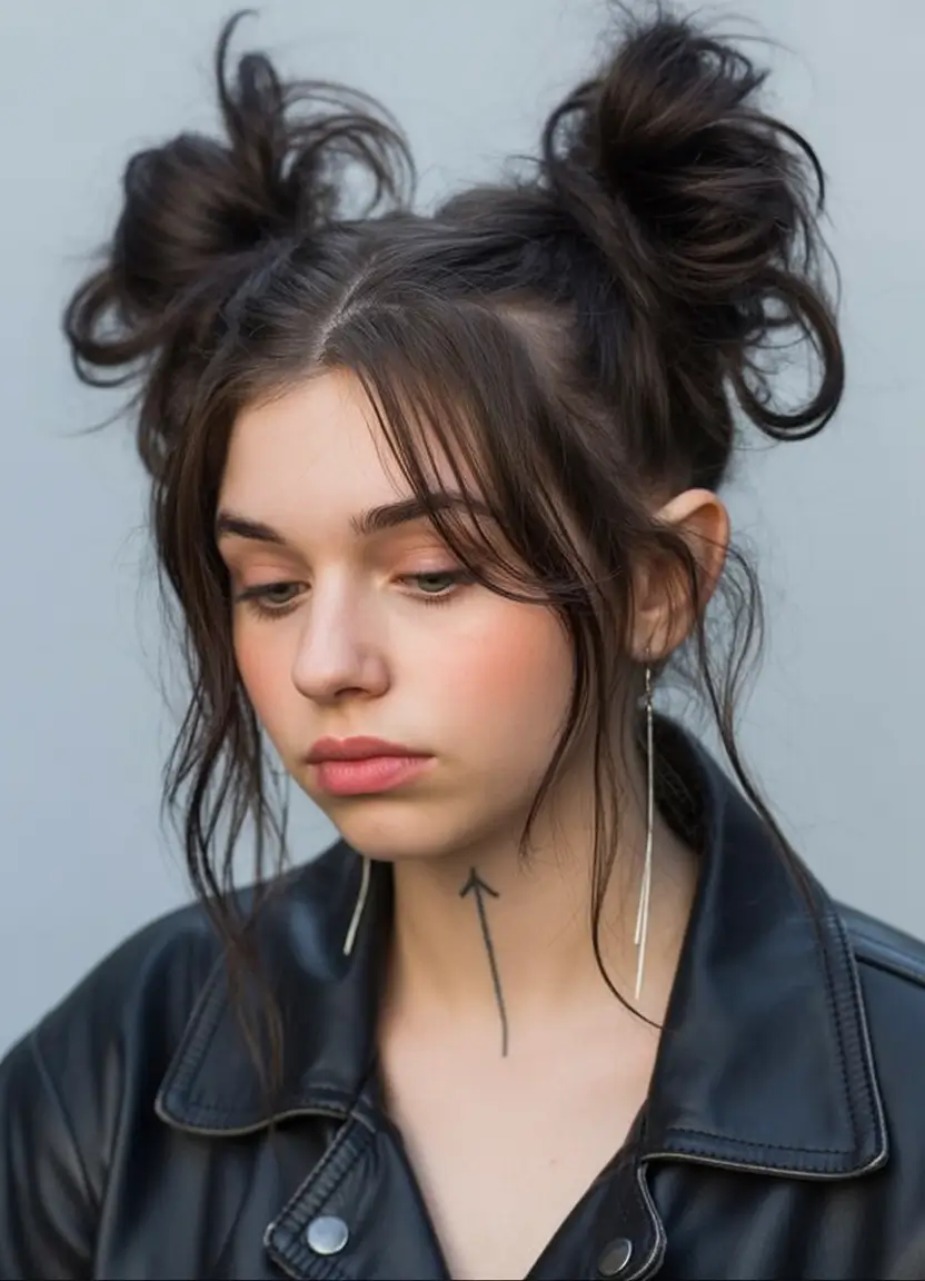 summer hairstyles for medium hair 2025+Messy Space Buns with Loose Curtain Bangs