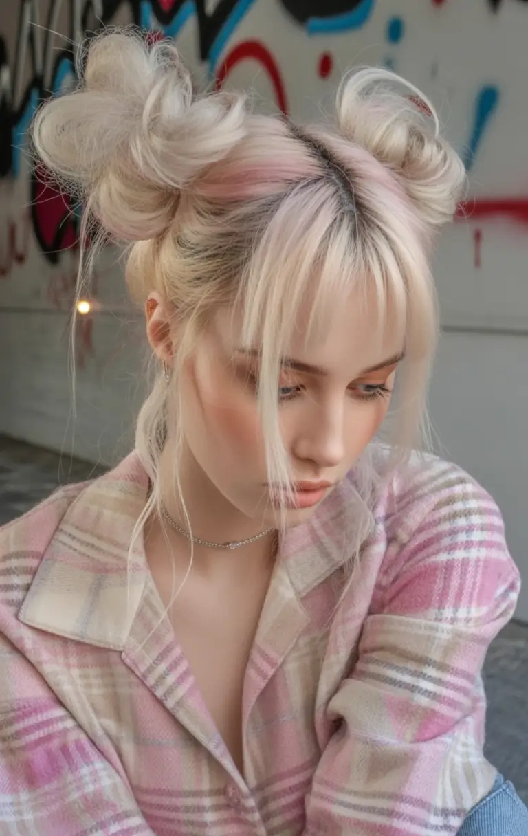 summer hairstyles for medium hair 2025+Cotton Candy Double Buns with Peekaboo Pastel Tones