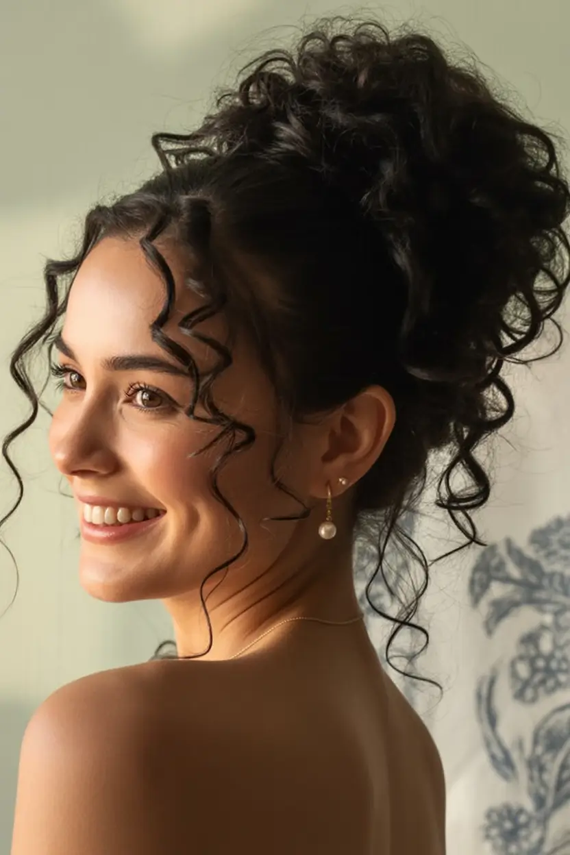 summer hairstyles for medium hair 2025 Curly Updo with Romantic Fringe