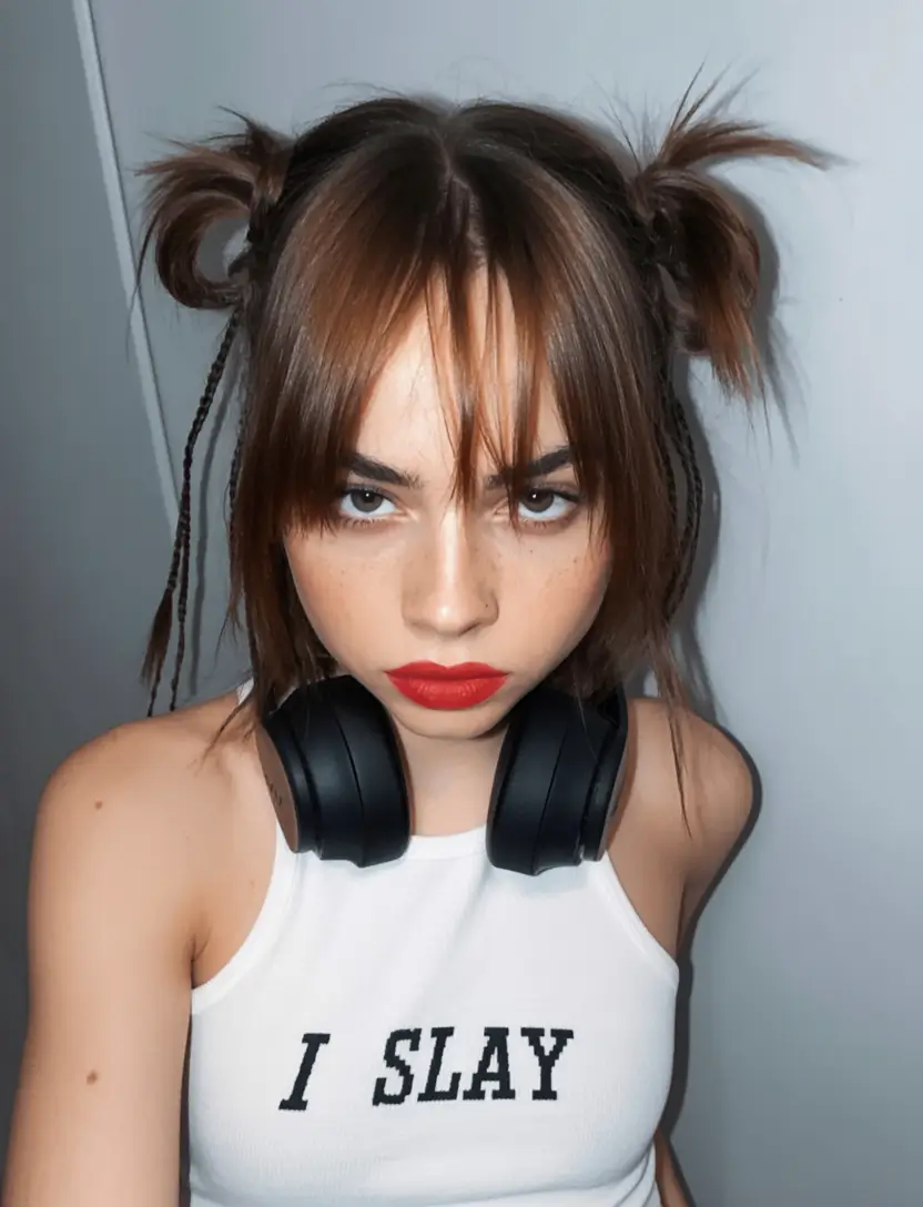 summer hairstyles for medium hair 2025 Mini Space Buns with Bangs & Braids