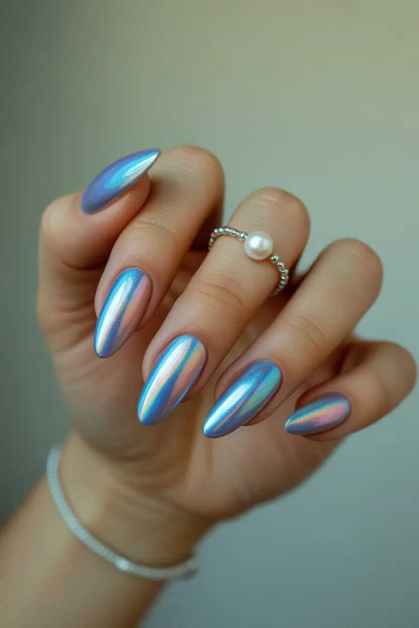Top May Nail Colors to Try in 2025 - Holographic Dream Ethereal Blue Chrome