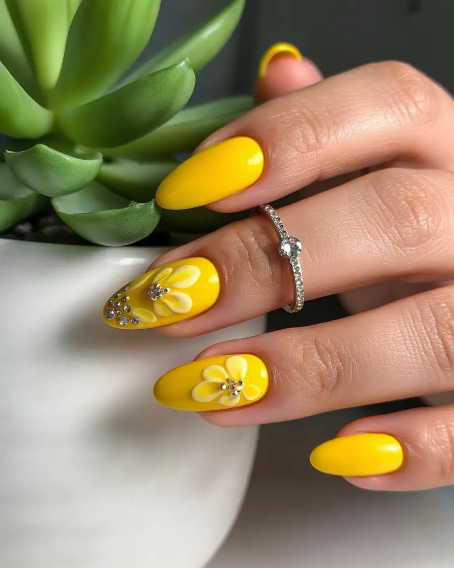 Top May Nail Colors to Try in 2025 - Vibrant Bloom Dazzling Yellow Daisy Delight