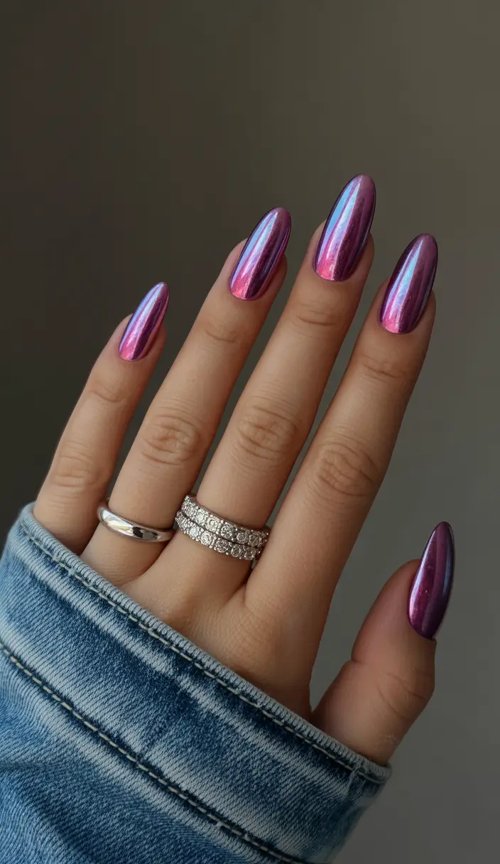 Top May Nail Colors to Try in 2025 - Galactic Glow Shimmering Chrome Elegance