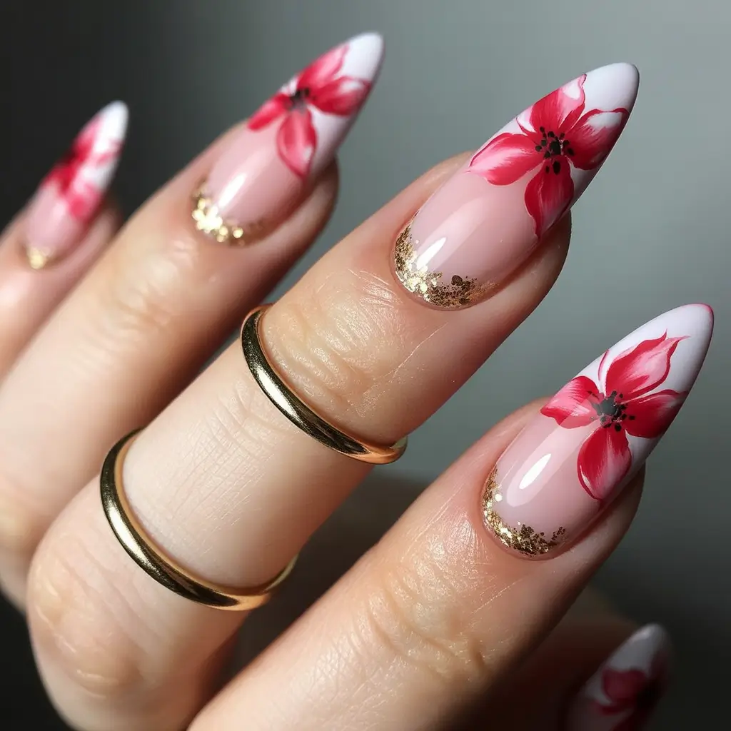 Top Summer 2025 Nail Colors to Try - Tropical Florals with a Gold Kiss
