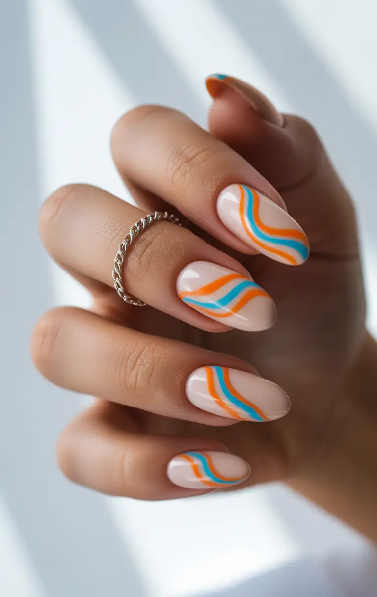 Top Summer 2025 Nail Colors to Try - Retro Waves in Hot-Orange & Blue