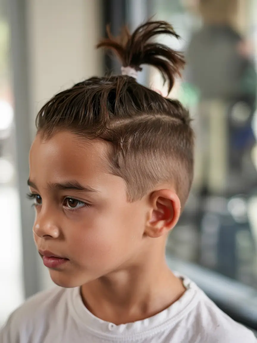 Trendy Boys Haircuts for Summer 2025 - Fresh Styles Mini Man-Bun with Detail Fade