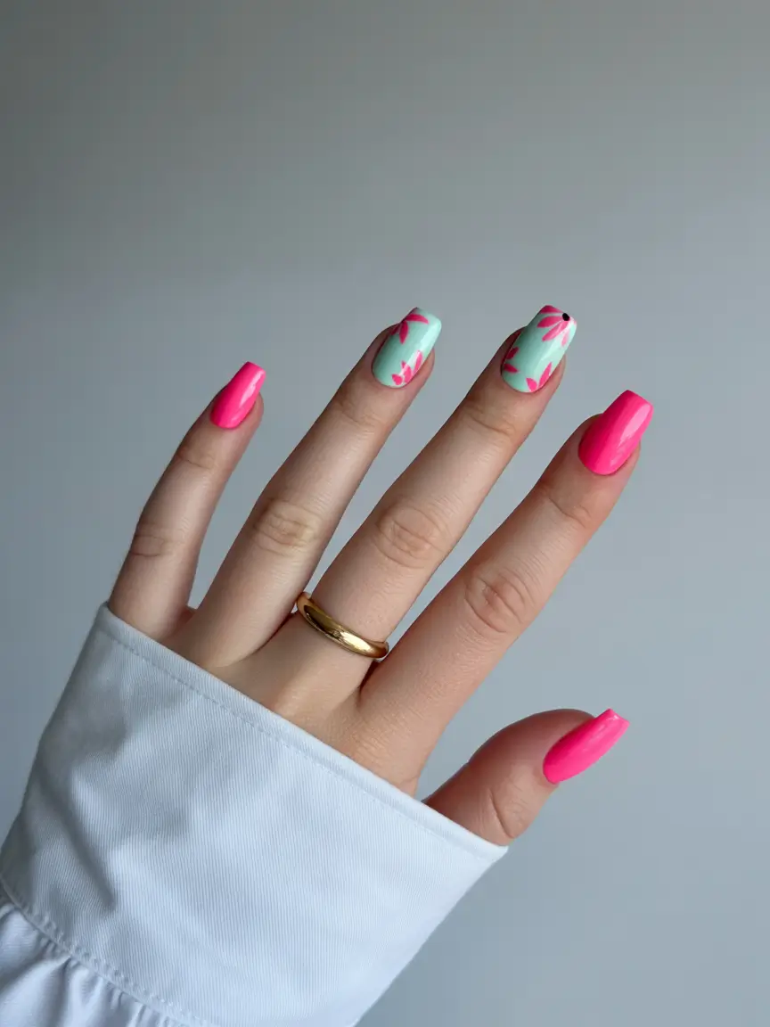 Trendy Nail Ideas to Wear This June 2025 - Neon Pink and Mint Floral Fun