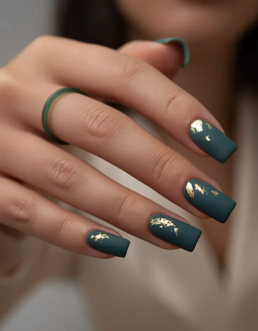 Trendy Nail Ideas to Wear This June 2025 - Matte Emerald with Gold Leaf Accents