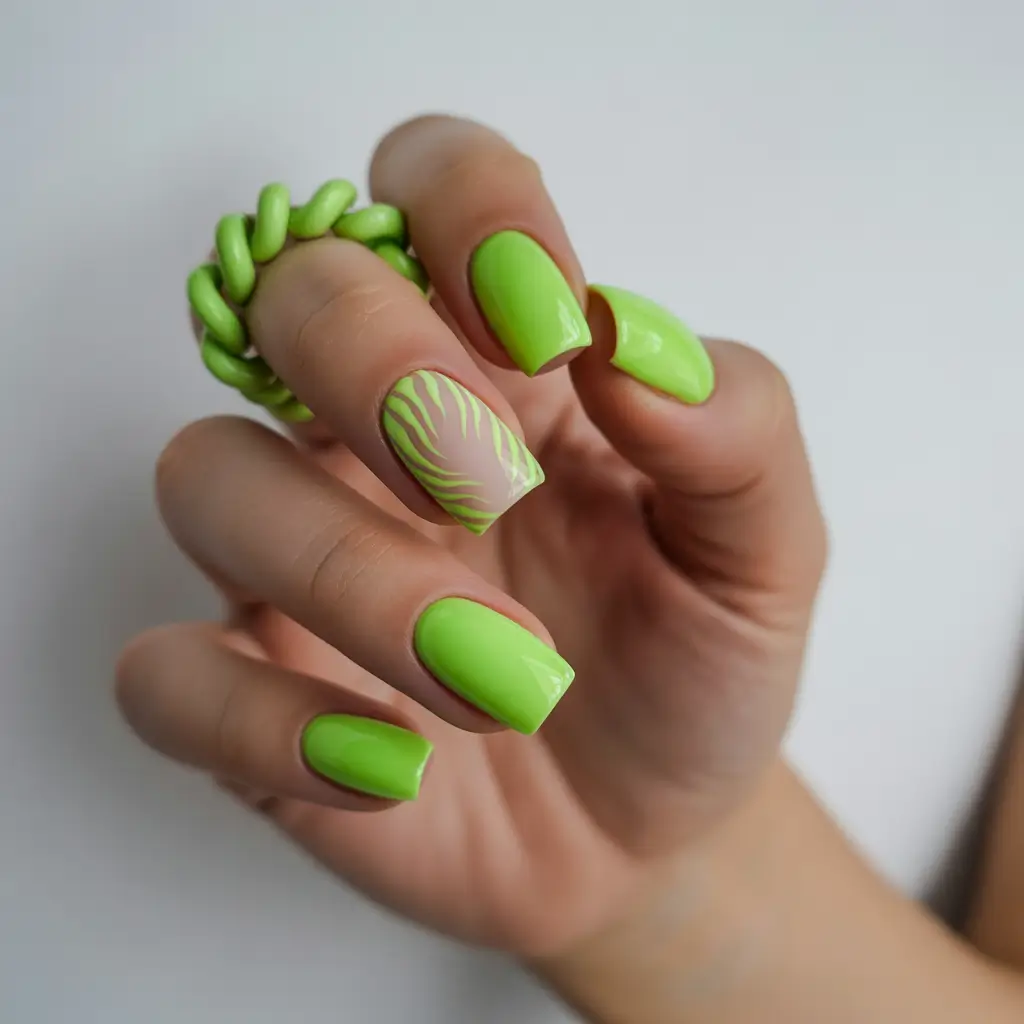 Trendy Nail Ideas to Wear This June 2025 - Lime Green and Leafy Freshness