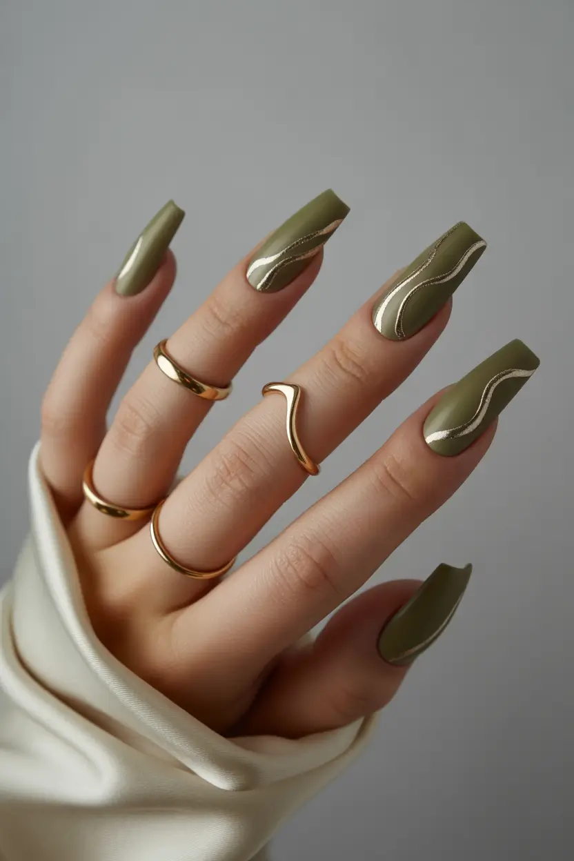 Trendy Nail Ideas to Wear This June 2025 Olive Elegance with Golden Waves