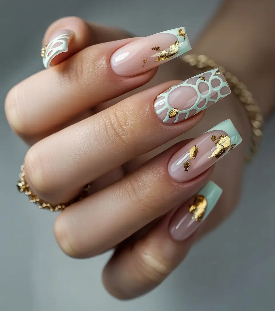 Trendy Nail Ideas to Wear This June 2025 Mint Green and Gold Leaf Luxe
