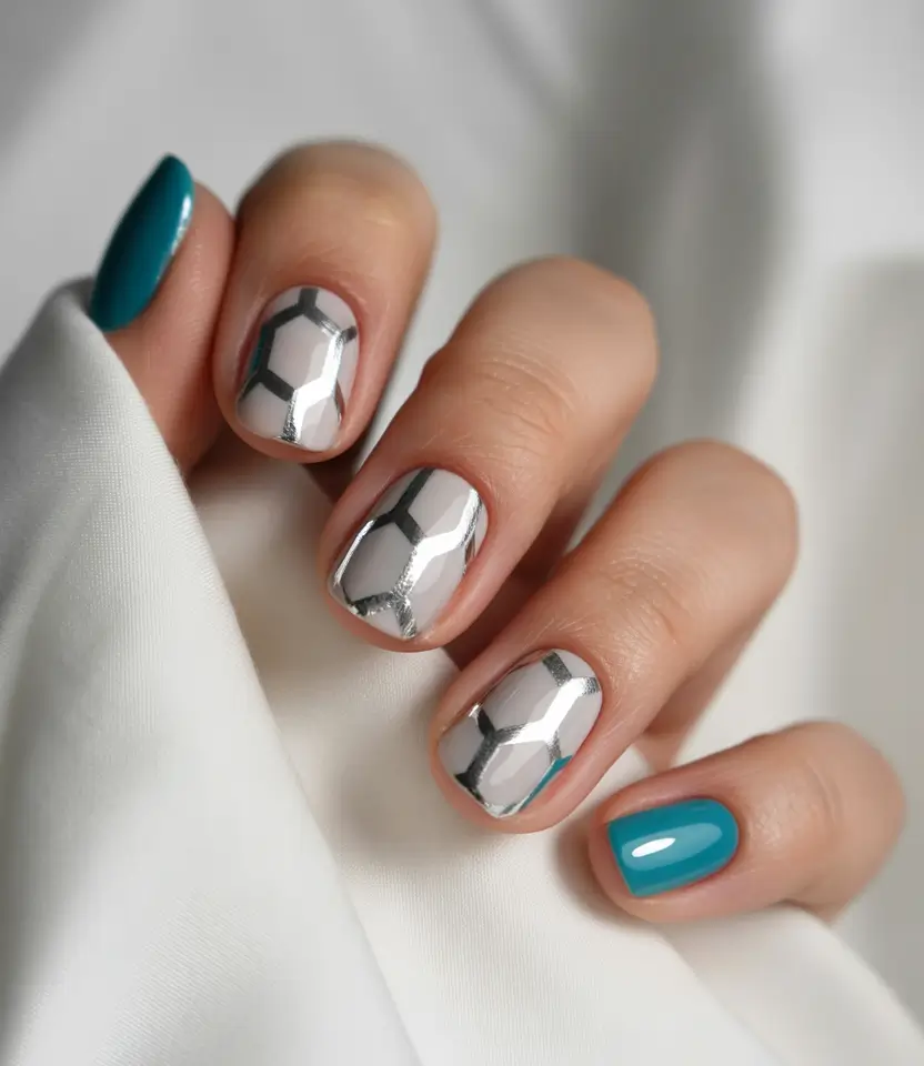 Trendy Nail Ideas to Wear This June 2025 Chrome Honeycomb and Teal Pop