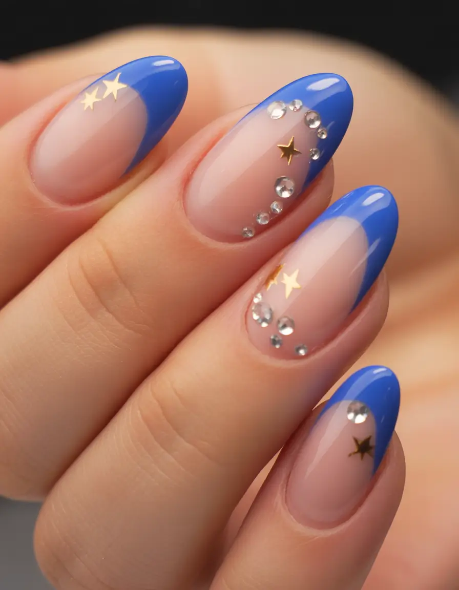 Trendy Nail Ideas to Wear This June 2025 Starry Blue French with Crystal Touch