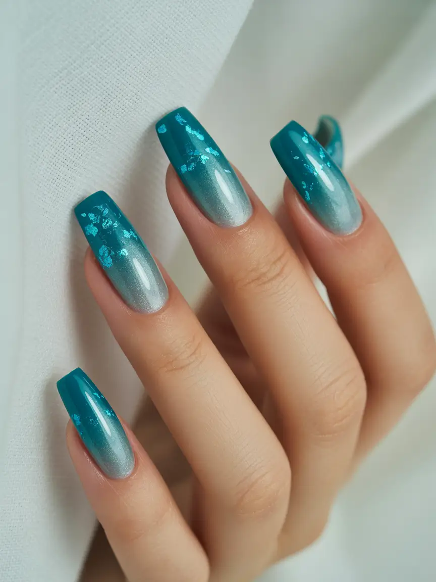 Trendy Nail Ideas to Wear This June 2025 Teal Metallic Ombre with Flakes