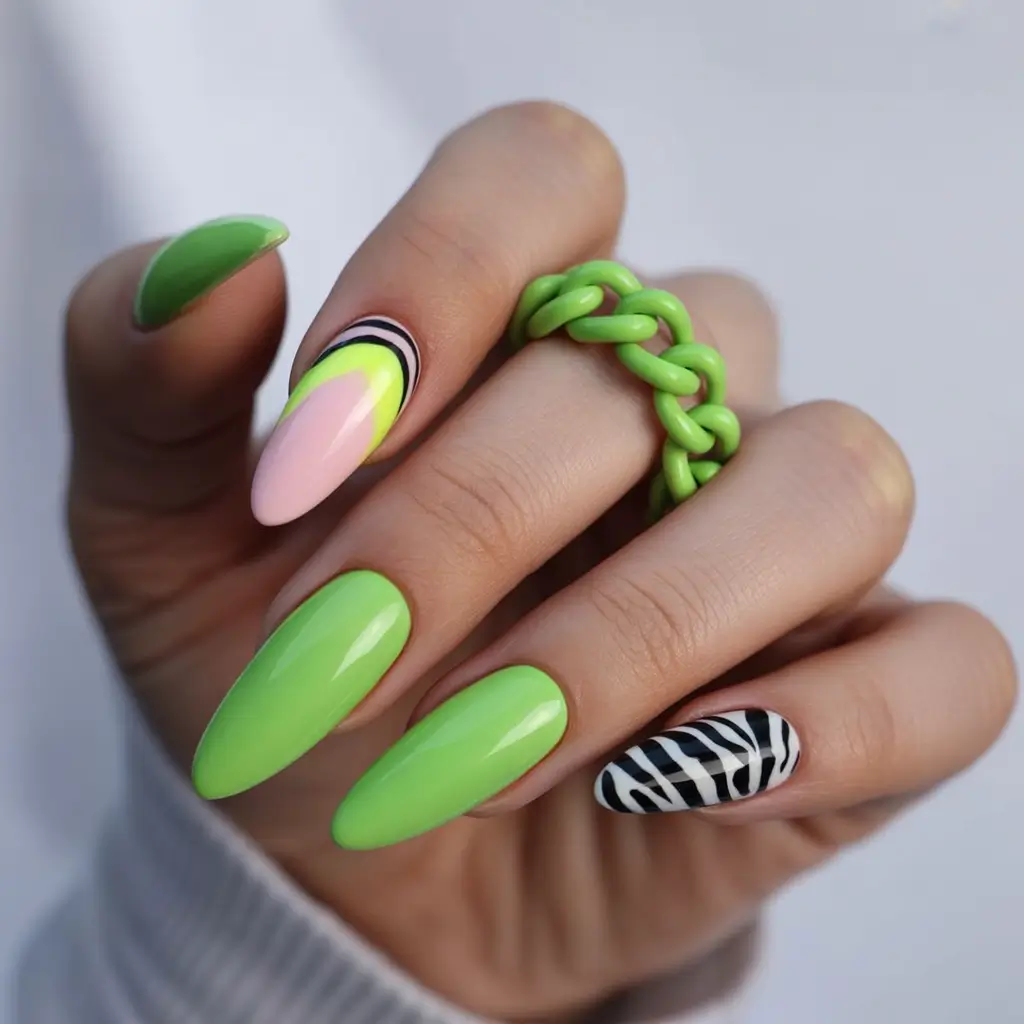 Trendy Nail Ideas to Wear This June 2025 Neon Green and Zebra Pop