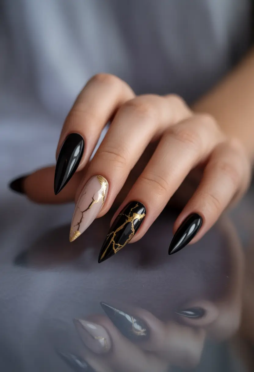 Trendy Nail Ideas to Wear This June 2025 - Chic Black and Gold Marble Magic