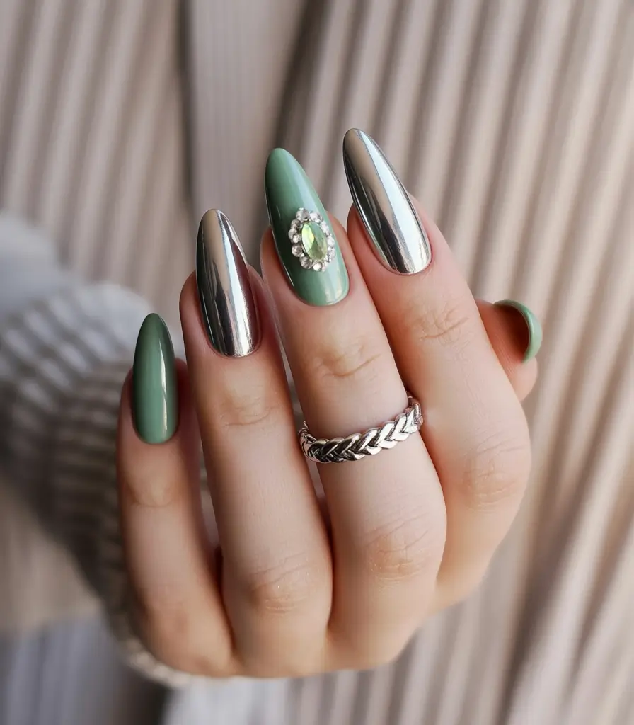 Trendy Nail Ideas to Wear This June 2025 - Emerald Chrome with a Touch of Glam