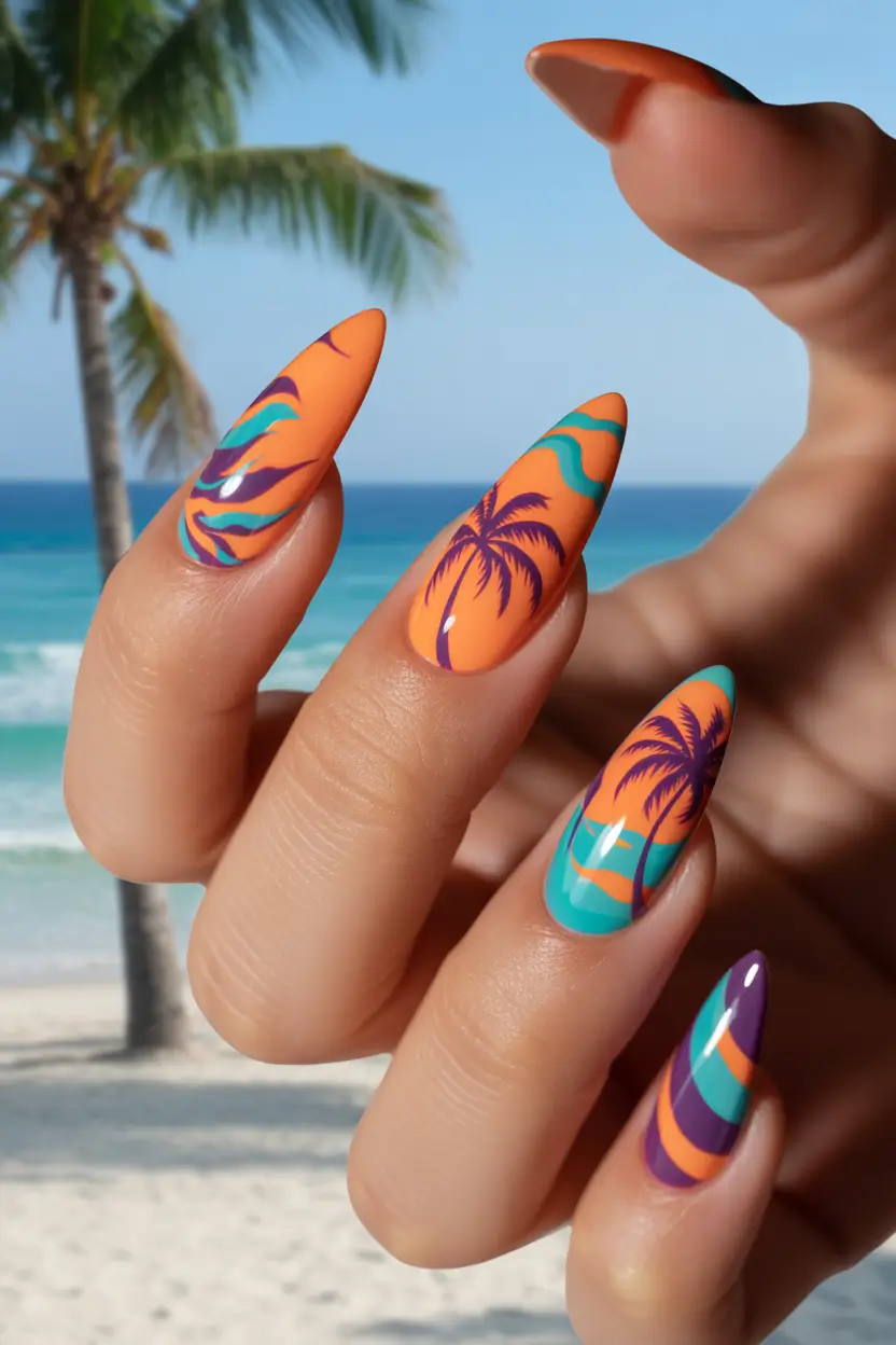 Tropical Vacation Nails for Summer 2025 Sundown Palms & Sunset Dreams