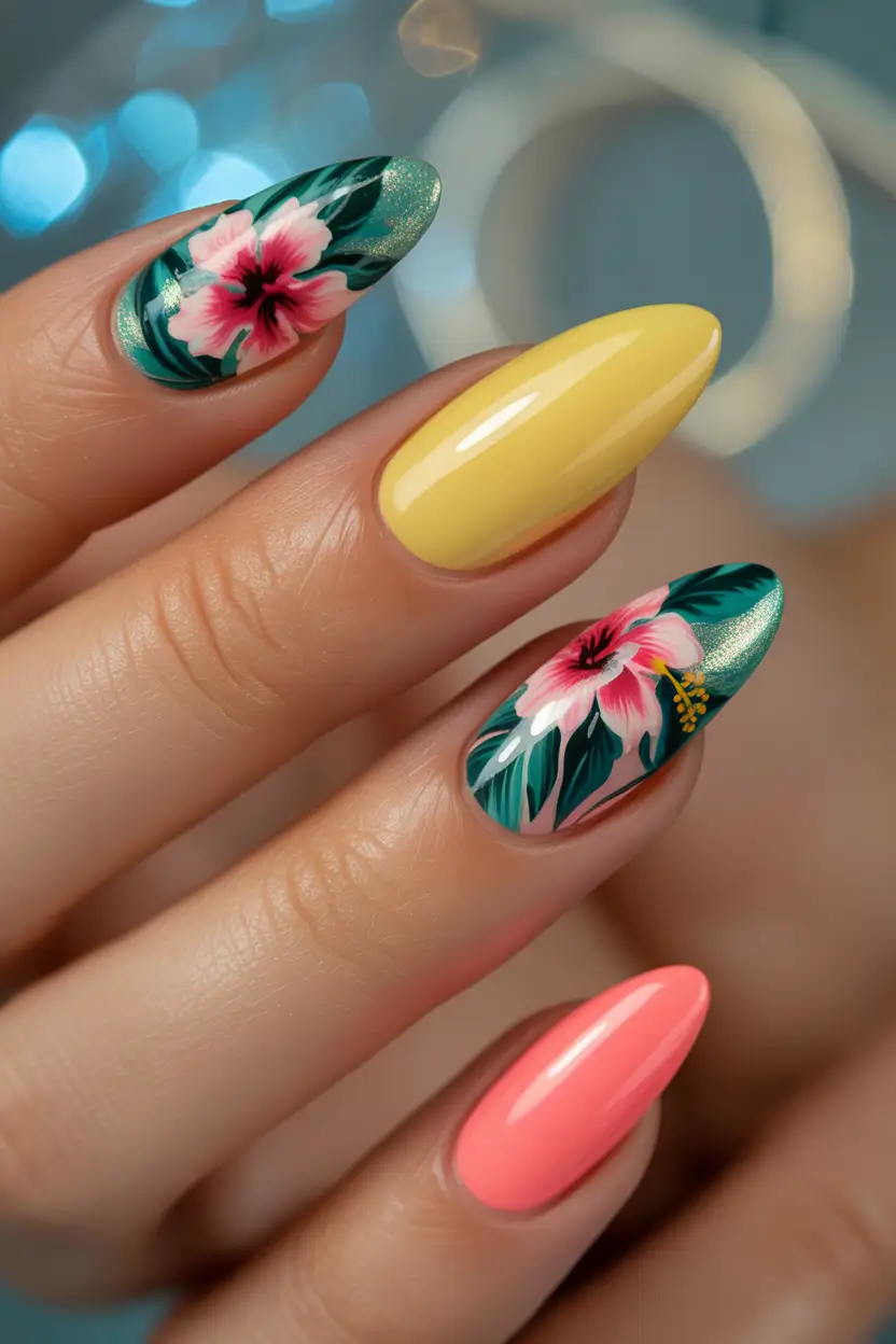 Tropical Vacation Nails for Summer 2025 Hibiscus Pop in Pink and Sunshine Yellow