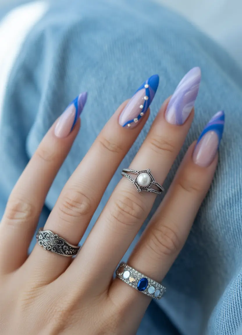 Tropical Vacation Nails for Summer 2025 Purple Swirl Drama & Sapphire Accents