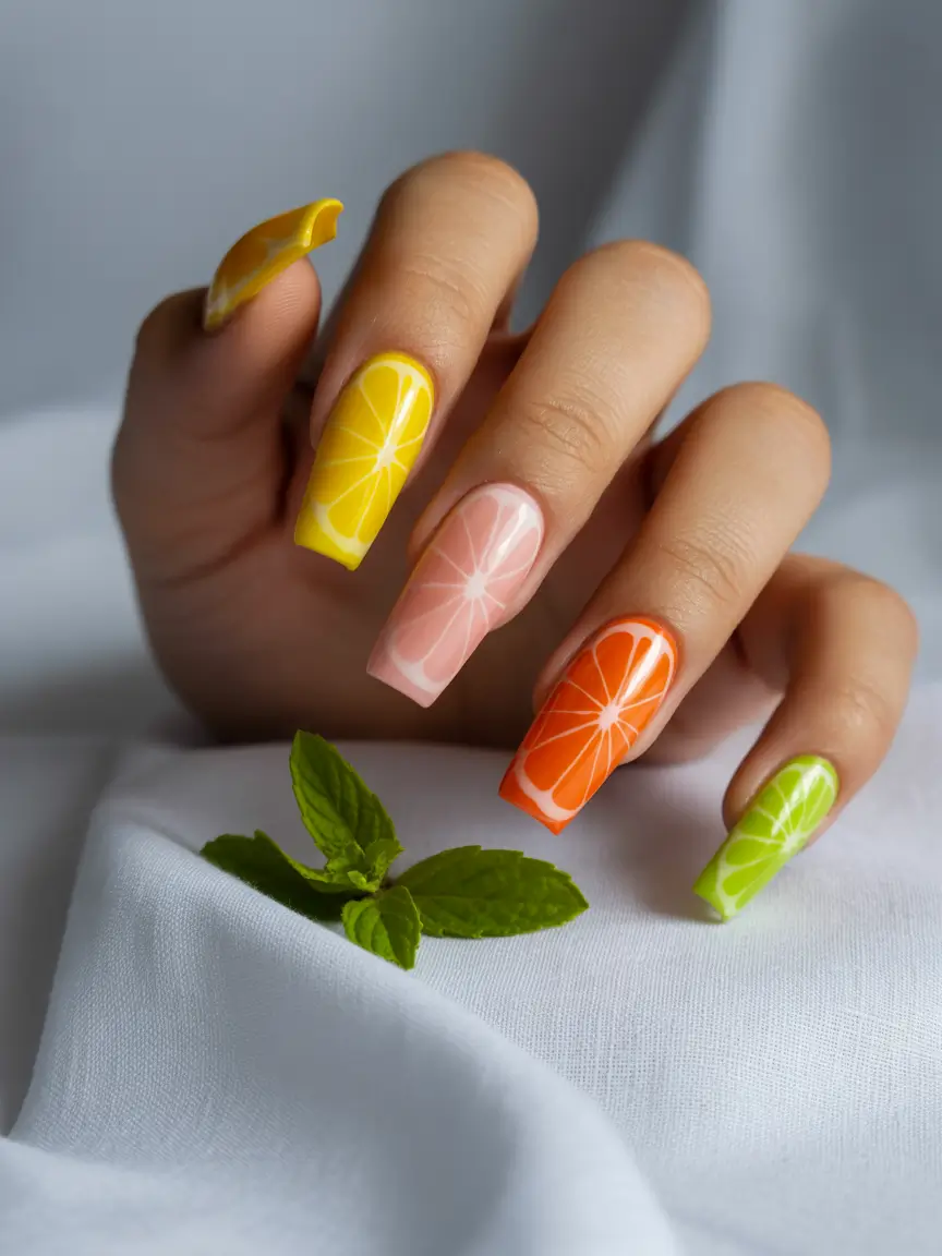 Tropical Vacation Nails for Summer 2025 Zesty Citrus Pop