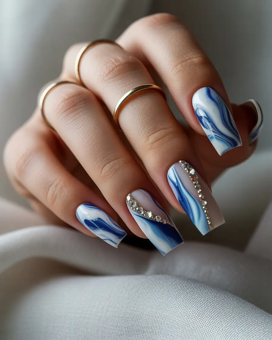 Tropical Vacation Nails for Summer 2025 Ocean Marble Elegance with a Hint of Sparkle