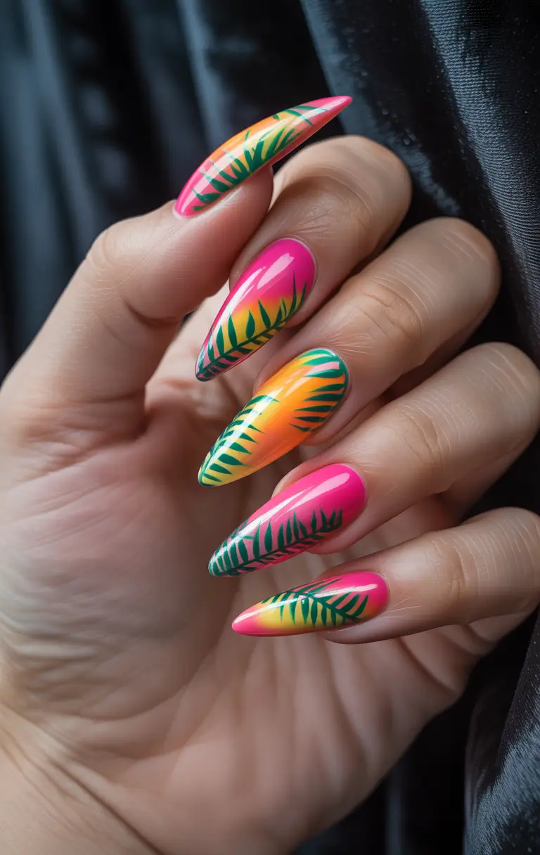 Tropical Vacation Nails for Summer 2025 Palm Sunset Fade