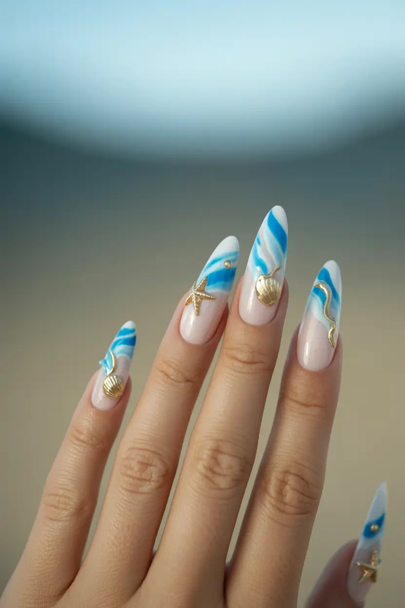 Tropical Vacation Nails for Summer 2025 Seashell Waves and Ocean Blues