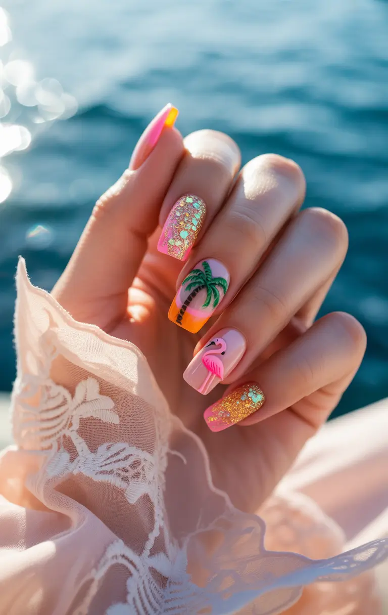 Tropical Vacation Nails for Summer 2025 Palm Trees, Flamingos & Sunset Glitter