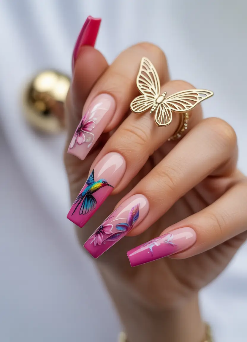 Tropical Vacation Nails for Summer 2025 Pink Sunset Blooms with Hummingbird Art