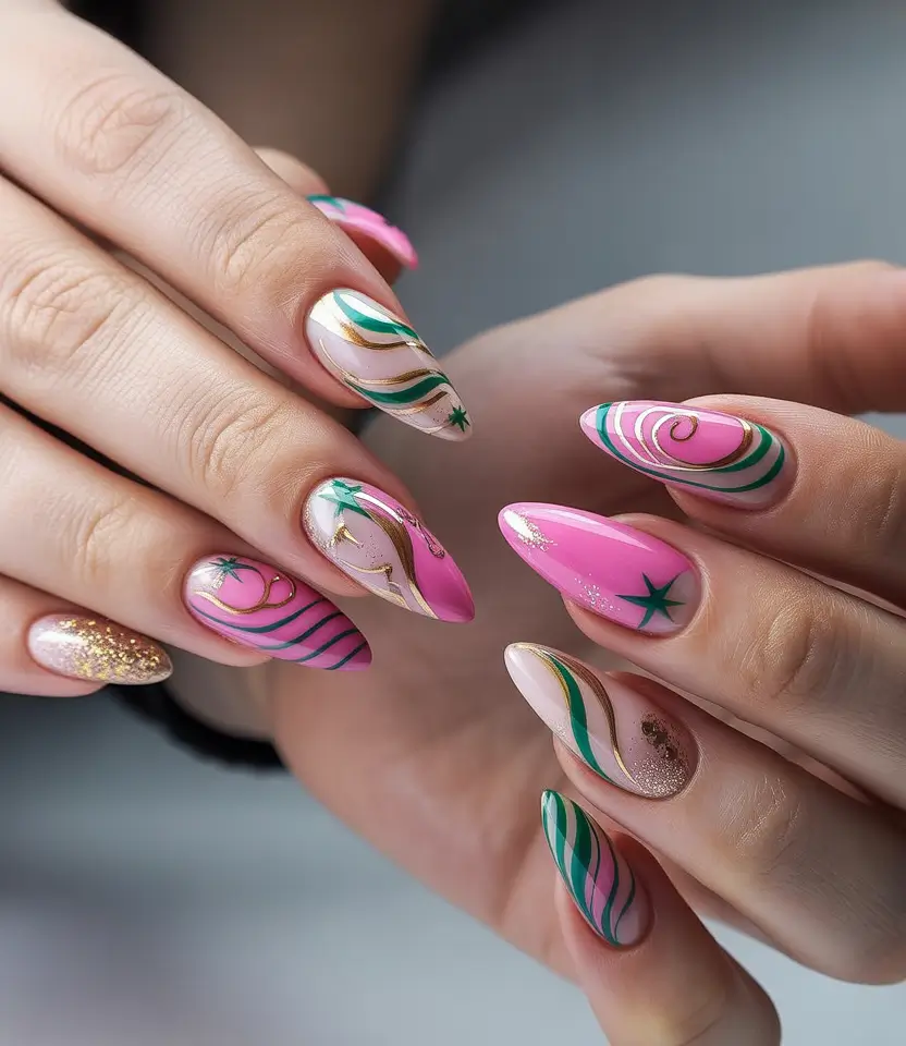 Tropical Vacation Nails for Summer 2025 Pink Waves & Metallic Gold Tropics