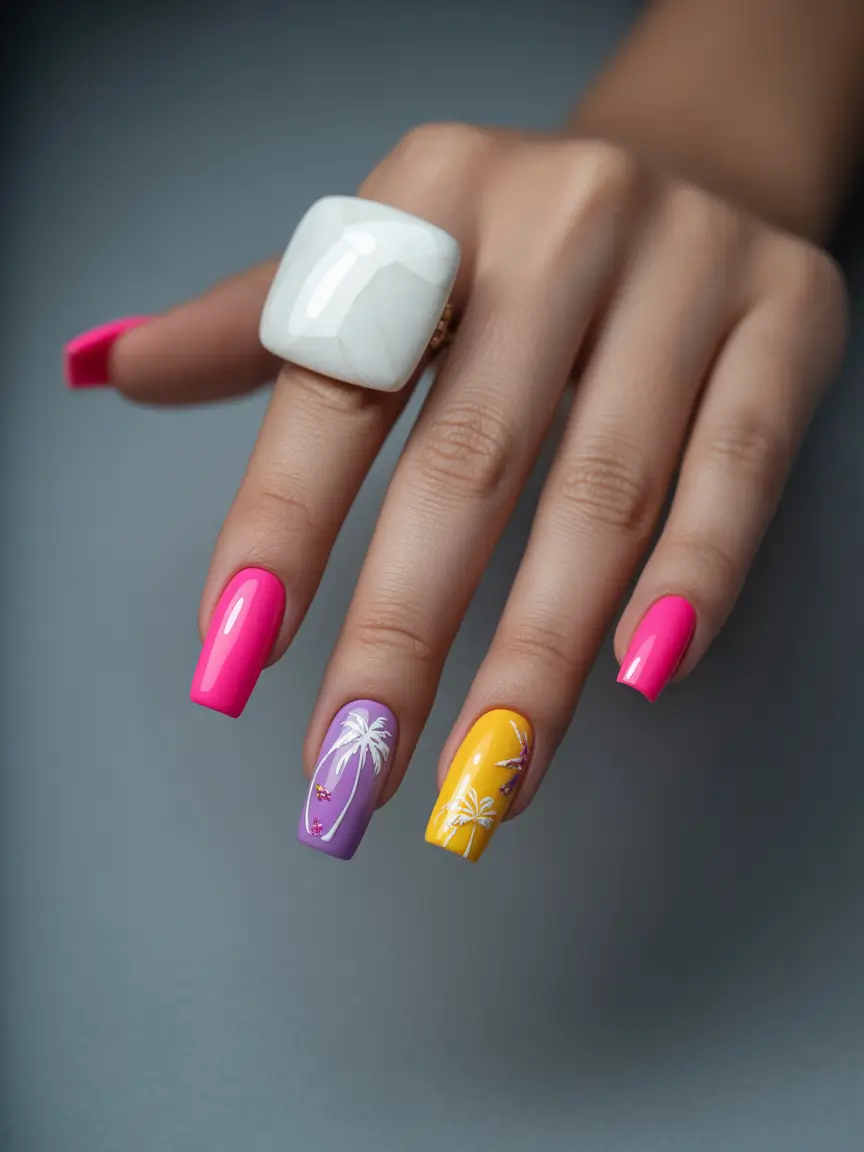 Vacation-Ready Nails for Summer 2025 Tropical Gradient with Palm Art