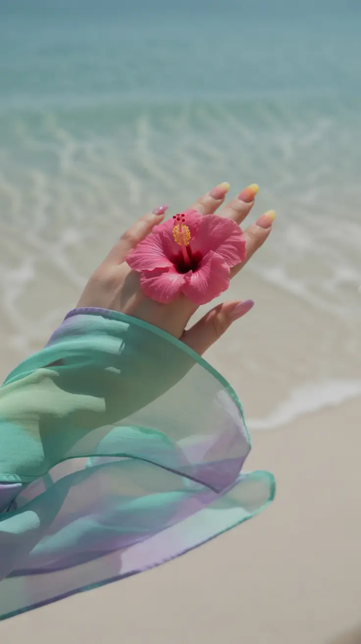 Vacation-Ready Nails for Summer 2025 Sunset Ombre with a Floral Twist