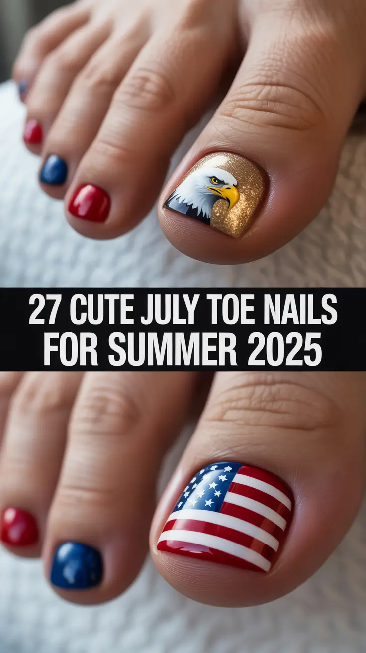 Cute July Toe Nails for Summer 2025: Patriotic Designs in Red, White & Blue