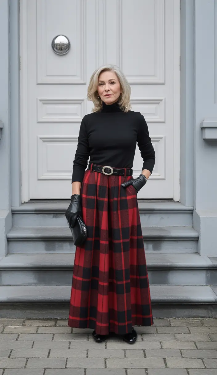 2025 fall outfits inspiration for women over 60 – Tartan Drama & Glossy Black