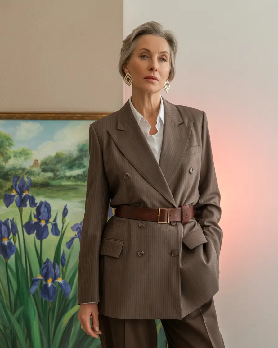 2025 fall outfits inspiration for women over 60 – Pinstripe Power, Belted Precision