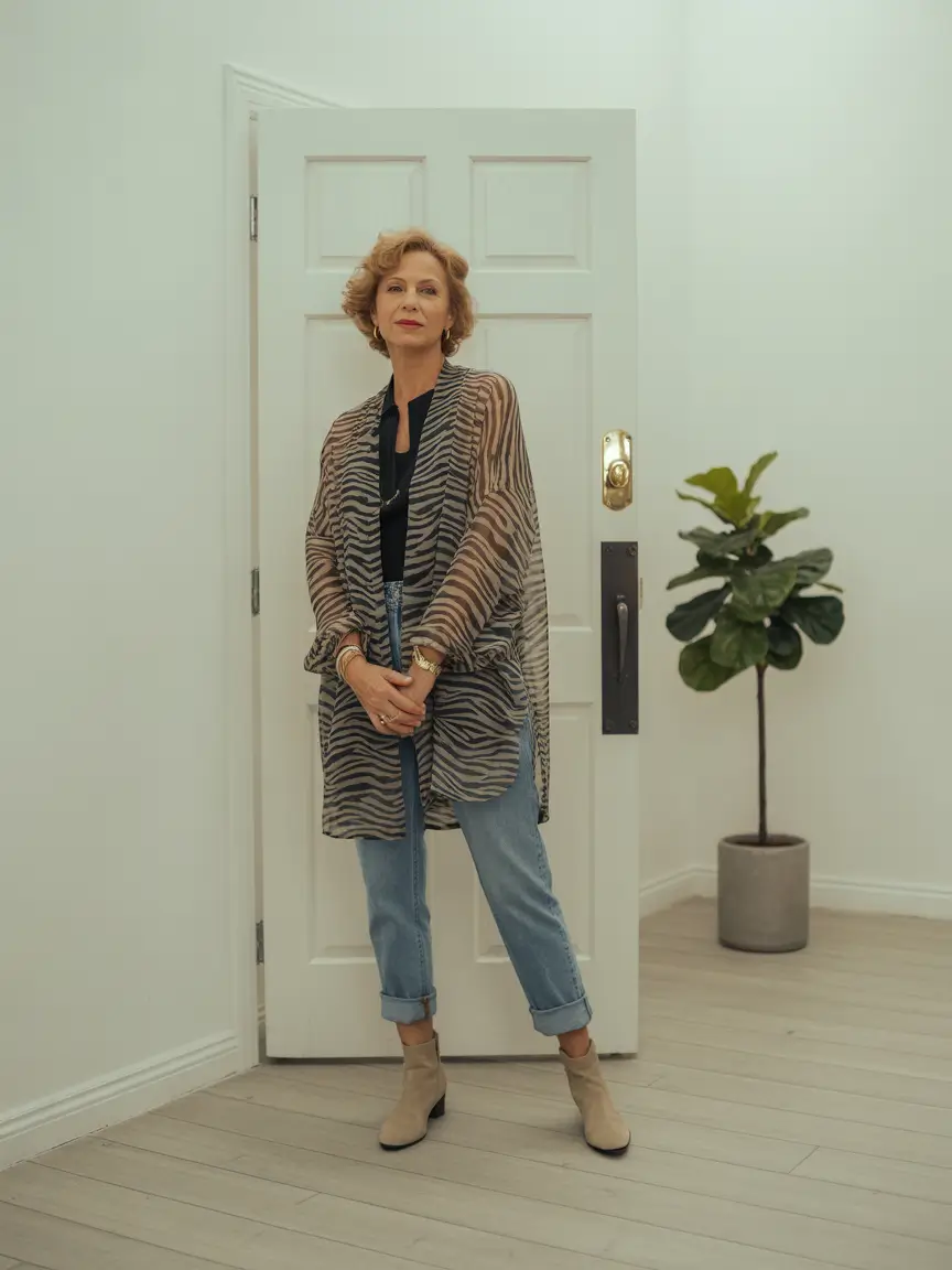 2025 fall outfits inspiration for women over 60 Sheer Zebra & Cuffed Denim Ease