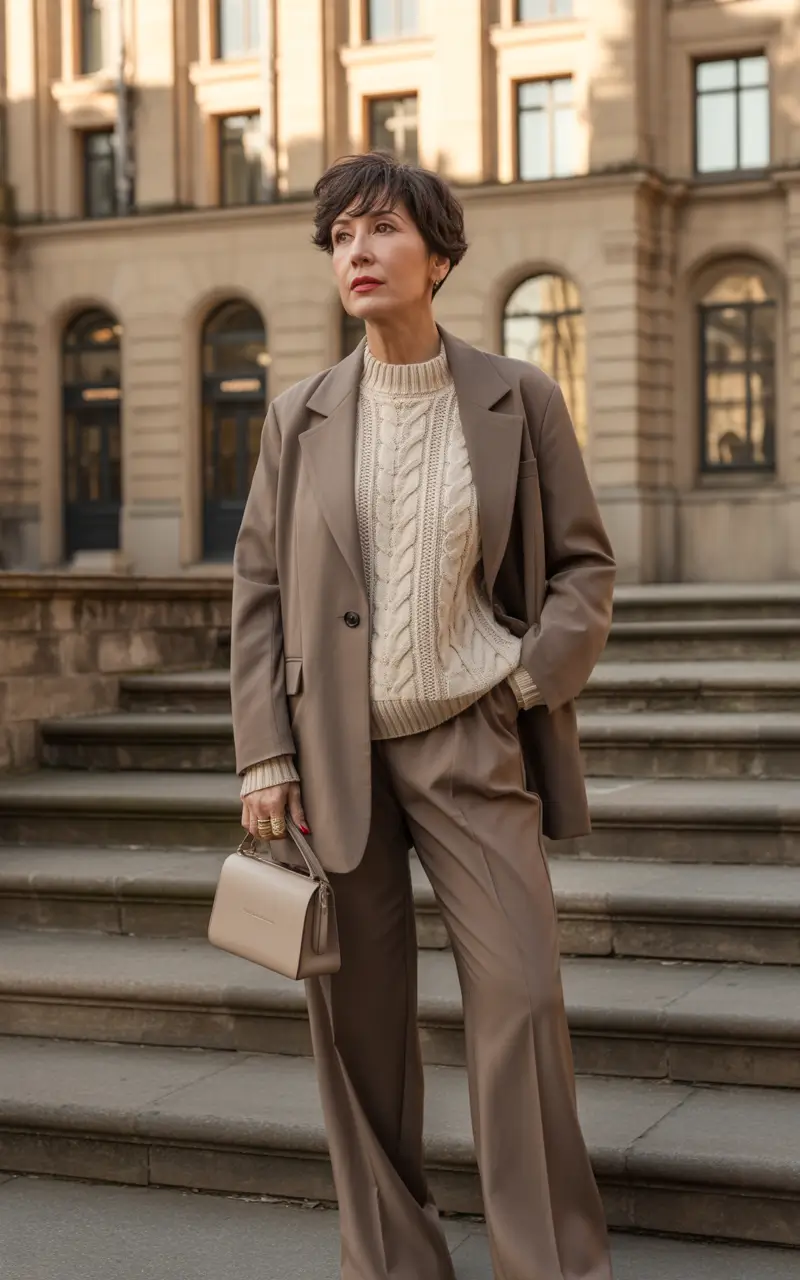 2025 fall outfits inspiration for women over 60 Soft Taupe Suiting