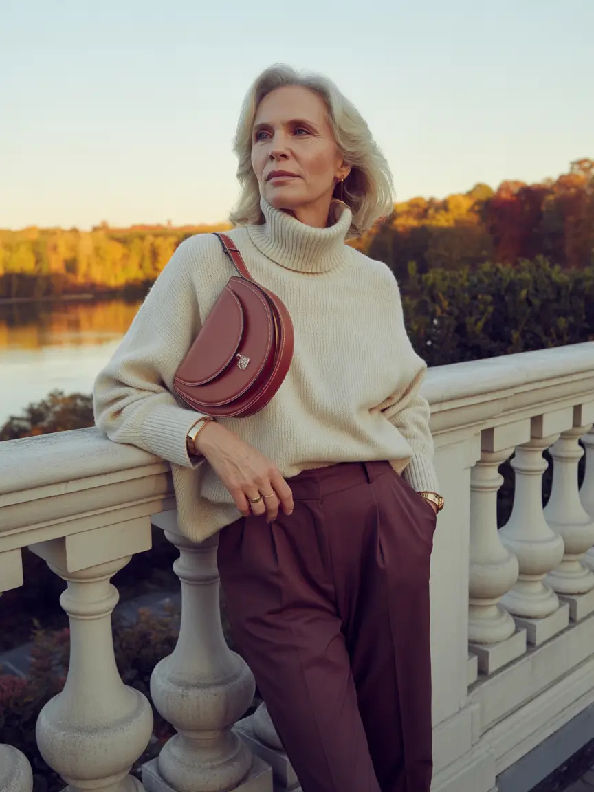 2025 fall outfits inspiration for women over 60 – Sunset-Proof Sweater & Saddle Bag