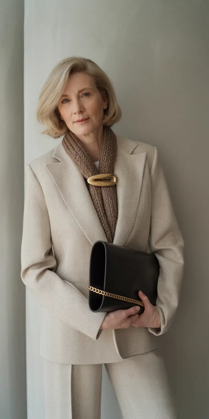 2025 fall outfits inspiration for women over 60 – Soft Suiting with Sculptural Scarf