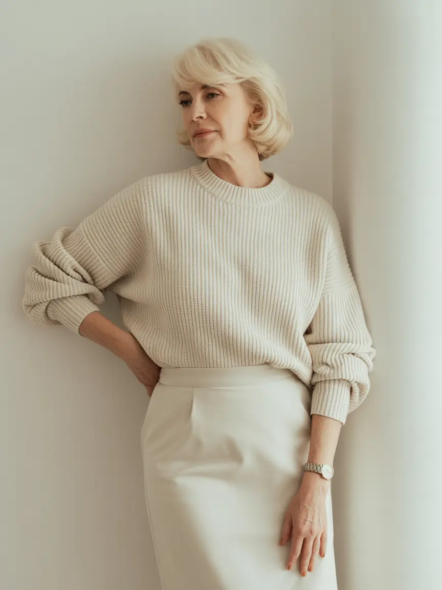 2025 fall outfits inspiration for women over 60 – Ivory Sweater, Pencil Poise