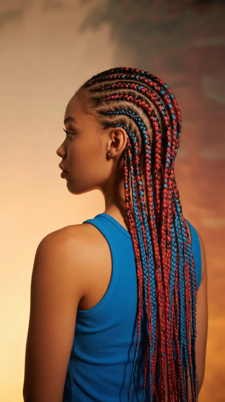 4th of July 2025 Hair Inspo for Every Style+Red & Blue Cornrows with Firecracker Flair